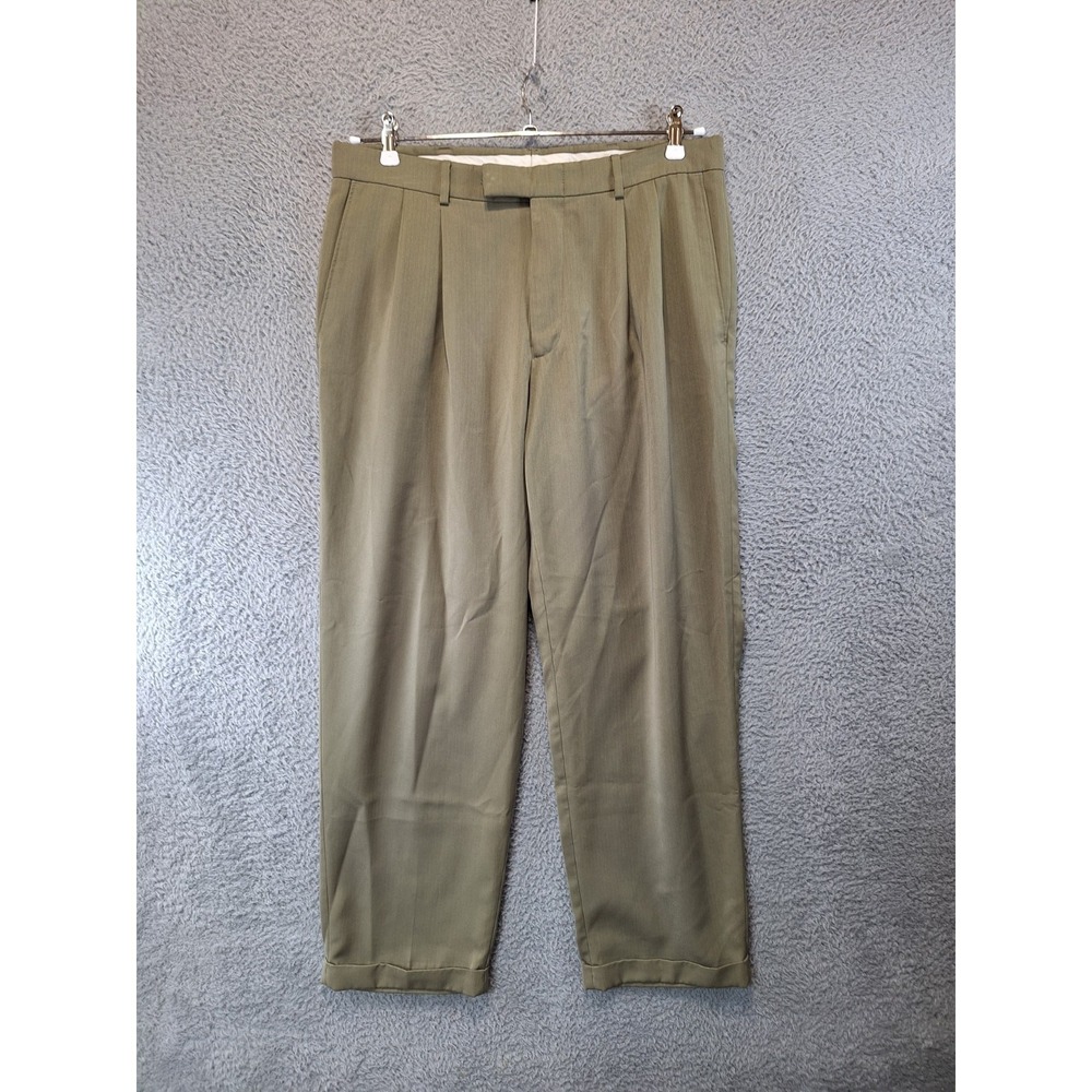 Haggar Dress Pants Mens 34x30 Khaki Pleated Classic Formal Straight Leg Cuff Hem